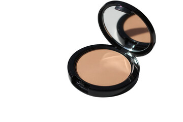 Open compact of face powder with mirror on a transparent background for beauty and makeup product shots