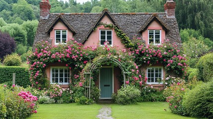 Escape to a dreamy cottage veiled in climbing roses a haven of peace and tranquility front yard green grass and sunlight