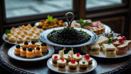 A small table with a delicious buffet of canapes, caviar, sandwiches