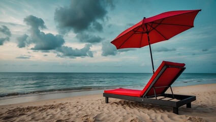 A sun lounger under a red umbrella on the sandy beach by the sea and sky.