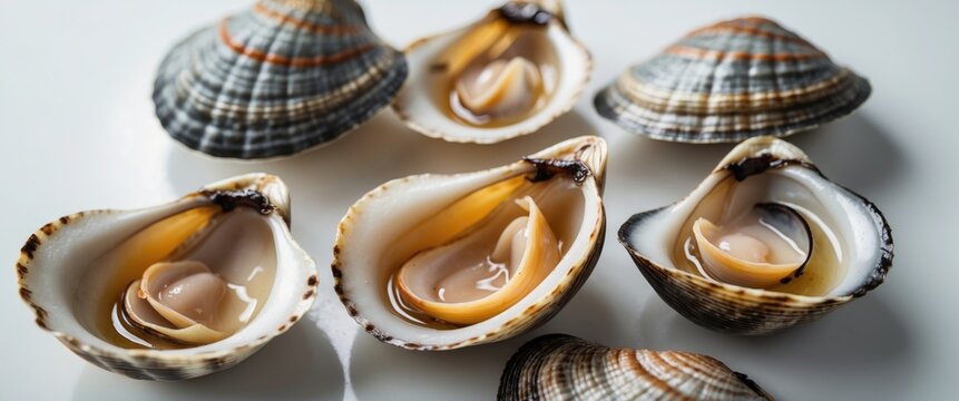 Clam open cooked close-up on the white surface with shells and meat.