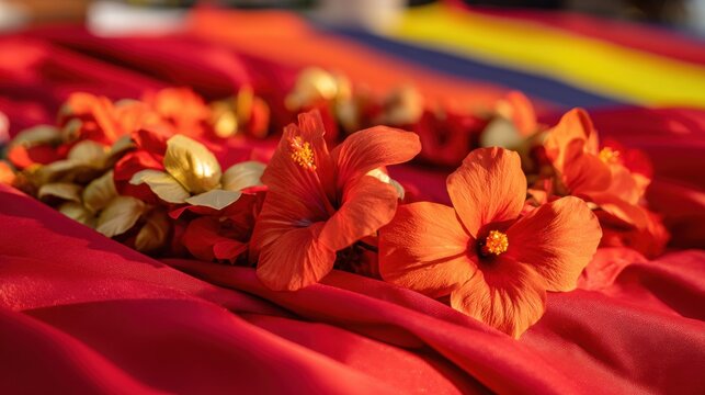Vibrant orange-red hibiscus flowers on rich red satin fabric with delicate open petals, yellow stamens, and blurred rainbow-colored background, soft lighting, warm inviting atmosphere.