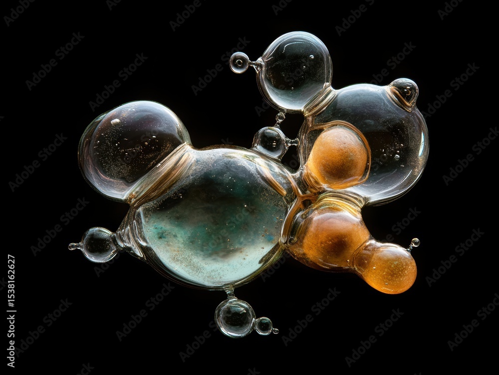 Poster bubbles and glass formations displaying intricate designs under dark background illuminated with lig