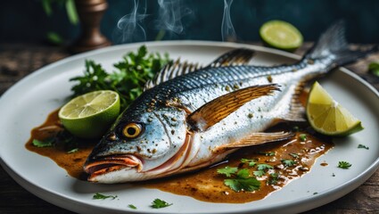Grilled Dorado fish presented on a white plate alongside lime. Features empty space available for text.