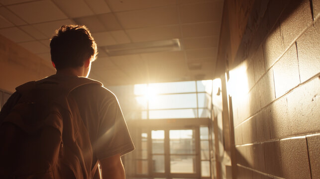 A man wearing a backpack is walking down a hallway