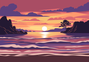 A breathtaking vector illustration of a beach sunset, framed by rugged rocky cliffs on both sides, with golden waves lapping at the shore under a vibrant dusk sky