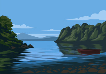 A serene vector illustration of a pristine lake surrounded by towering pine trees, with a distant mountain backdrop and an empty wooden boat resting peacefully in the foreground