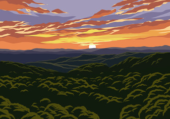 A breathtaking vector illustration of a forest at sunset from an aerial perspective, showcasing vibrant dusk colors 