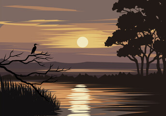 Scenic sunset illustration with river, bird and trees
