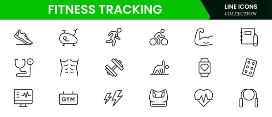 Dynamic vector web line icons depicting fitness tracking, wearables, exercise stats, health apps, and wellness monitoring for active lifestyles.