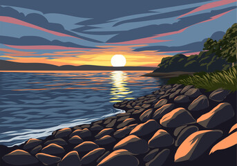 Serene sunset landscape with lake and rocks