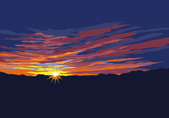 A vibrant vector illustration of a serene sunset dusk sky with warm and soft cloud details