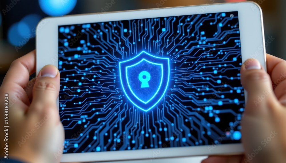 Poster cybersecurity measures in digital spaces protecting data with innovative technology solutions