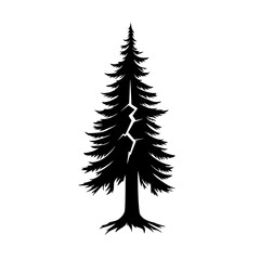 Silhouette of Pine Tree Split by Lightning, Black pine tree silhouette with a jagged lightning bolt split down the center, symbolizing nature, power, and destruction.

