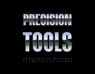 Vector Quality icon Precision Tools. Elegant Metallic Font. Modern Silver Alphabet Letters and Numbers set.