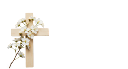 Wooden cross adorned with delicate white blossoms isolated on transparent background