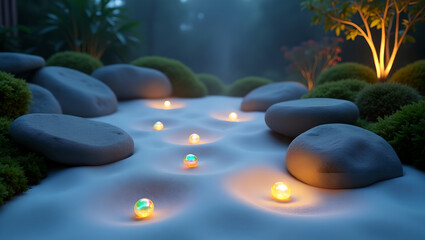 Night scene in a Japanese Zen Garden with Glowing Orbs