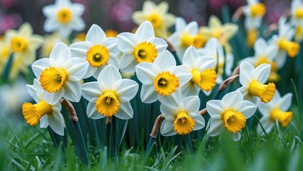 Obraz premium Group of white and vivid yellow daffodil flowers in full bloom with blurred green grass, outdoor floral background, selective focus, and space for text