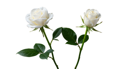 Two white roses with green leaves isolated on transparent background