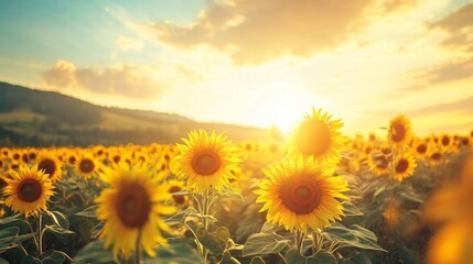 A tranquil sunset over a sunflower field, with the sky painted in warm hues that complement the golden petals, creating a peaceful and picturesque scene