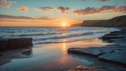 Sunset at Black Stone Beach at the end of the world during summer with empty copy space for text