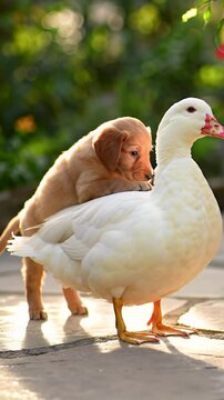 A tiny tan golden retriever mix puppy springs onto a calm pure white Pekin duck's back on a sun-drenched flagstone path in a serene botanical garden, warm golden hour, slow dolly tracking video.