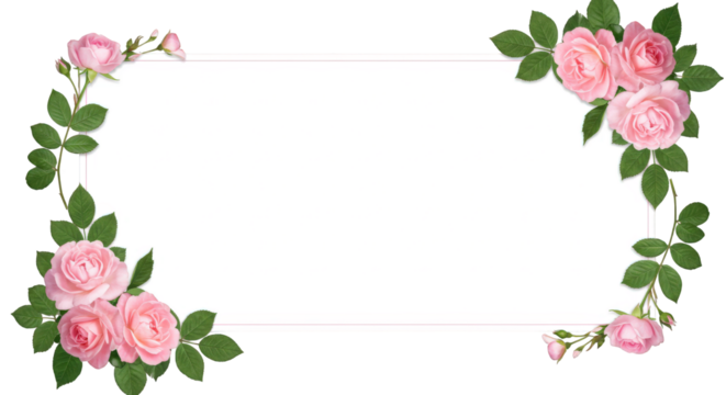 Pink roses frame with green leaves isolated on transparent background