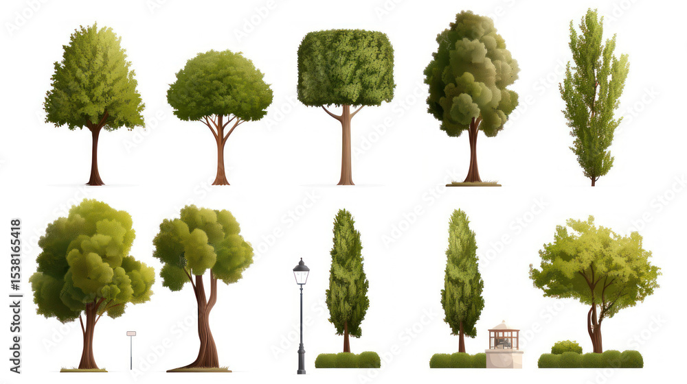 Aufkleber a collection of various stylized trees and greenery elements for use in digital illustrations and gr
