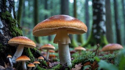 Amanita Mushroom in the forest close-up with surrounding mushrooms.