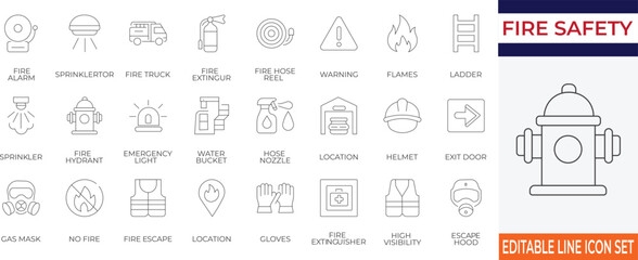 Flat line icon collection featuring essential fire safety tools and emergency equipment. Perfect for infographics, safety manuals, web apps, and evacuation plans.