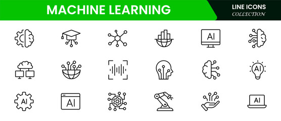 Sleek vector web line icons depicting machine learning, algorithms, neural networks, data analysis, and AI-driven innovation for intelligent systems.
