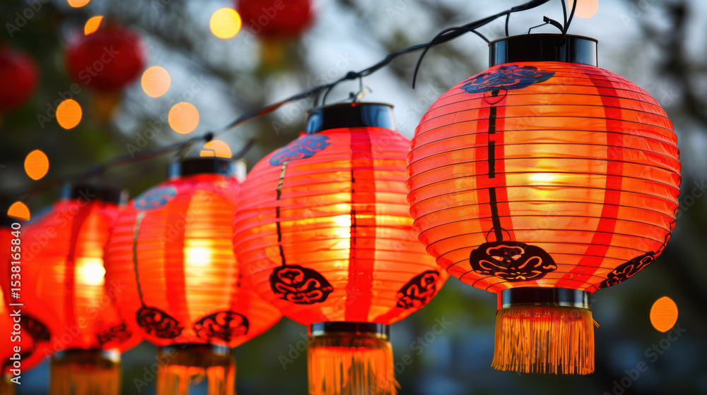 Poster red lanterns hanging during festive celebration with soft bokeh background of lights and a warm glow