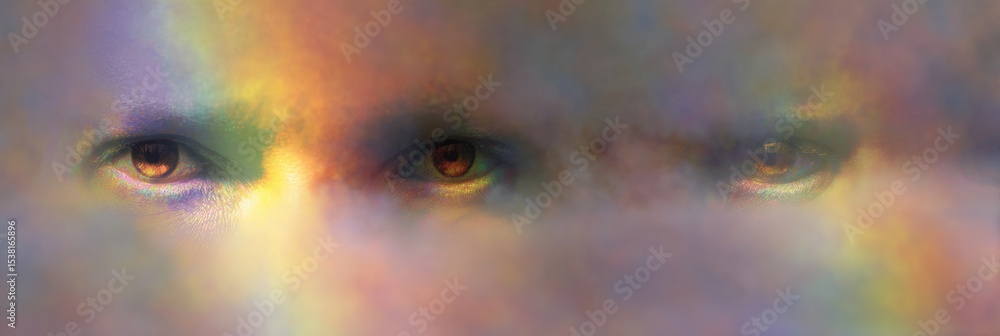Poster eyes emerge from swirling rainbow fog in a surreal visual experience that captivates the imagination
