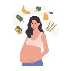 Healthy diet for pregnant woman with fresh fruits and vegetables. Nutrition and wellness during pregnancy. Flat style vector illustration isolated on white background.