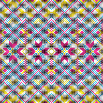 Fabric pattern, cross-stitch pattern, blue, yellow, pink, bright colors, weaving, flowers, natural art, used in fabric pattern design or wallpaper, various material surfaces.