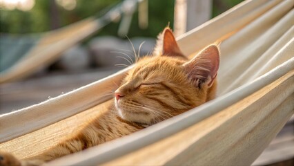 Adorable ginger cat sleeping peacefully in a hammock under sunlight. Relaxed feline enjoying nap time in cozy outdoor setting. Cute pet portrait in warm natural light.