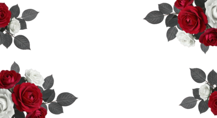 Red and white roses with gray leaves are isolated on transparent background in each corner