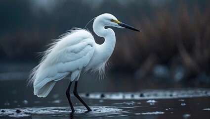Naklejka premium A Snowy Egret standing in water with a blurred background.