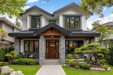 Obraz premium Front view of a modern two-story home in Vancouver. The walls are white with stone accents, and the front door is wooden with glass panes