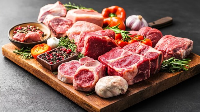 A vibrant display of various cuts of fresh meat, including beef, pork, and lamb, arranged on a butcher's block with garnishes of rosemary and garlic.