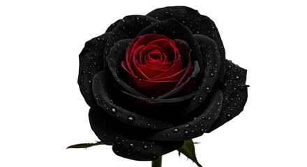 A black rose with a red center isolated on transparent background is covered in water droplets