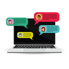 Laptop Online Chat Interface – Vector Illustration of Instant Messenger Bubbles and People Communication on Computer