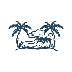 Retro Line Art Beach Illustration with Ocean Wave and Palm Trees