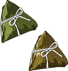 Isolated Zongzi on white background, a couple of sticky rice dumpling hanging from the top. Close up hand drawing vector illustration. Chinese traditional food Dragon boat festival.