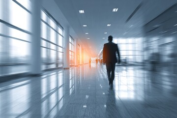 Blur background of businessman walking at corridor in convention hall, business office building hall way background. High quality