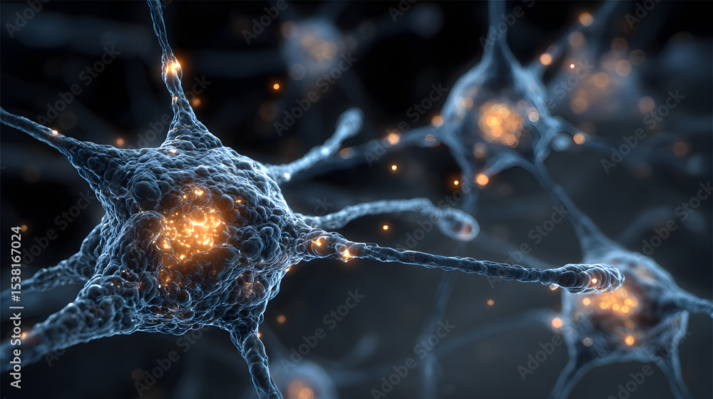 Poster conceptual illustration of neuron cells with glowing synapses, showcasing neural networks and brain 