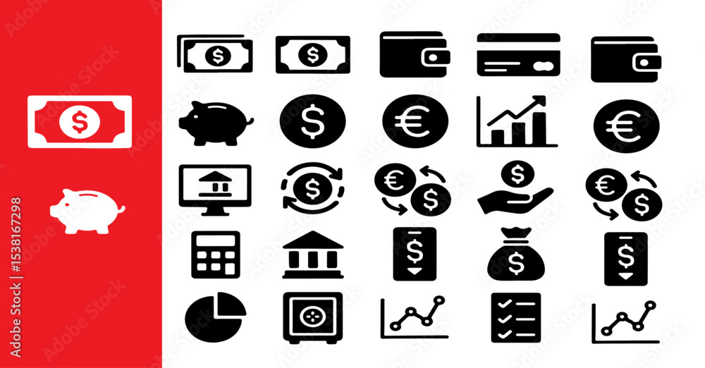 Poster a collection of black and white financial icons on a white background with a red color block on the 