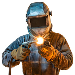 Professional welding worker with safety equipment on transparent background