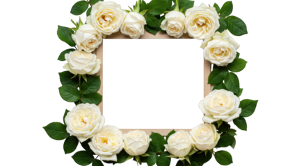 White roses and green leaves form a square frame around a blank space isolated on transparent background