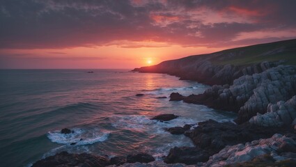 Obraz premium A beautiful sunset along the rocky coastline with vibrant colors and scenic views.
